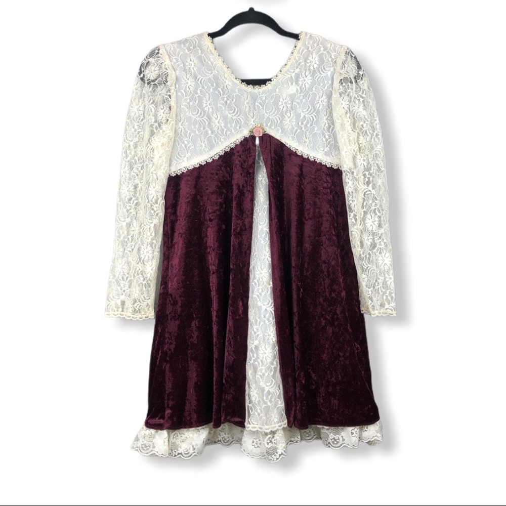 Vintage Layered Velvet Lace Girls Dress White Red